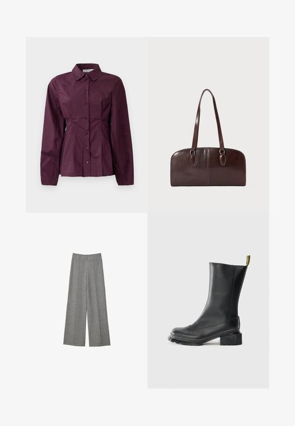 Burgundy skjorte med lange ærmer, klassisk krave og plisserede detaljer ved taljen. Glat stof med subtil glans.; Grå vidde bukser lavet af et tekstureret stof. Har folder, der løber ned ad fronten, en talje og ingen synlige lukninger.; Sort læder ankelstøvle med blokhæl, glat tekstur, rund tå og en hælflap med gul branding.; Brun lædertaske med to lange håndtag, en struktureret rektangulær form, glat tekstur og afrundede kanter. Har accentdetaljer ved håndtagene.