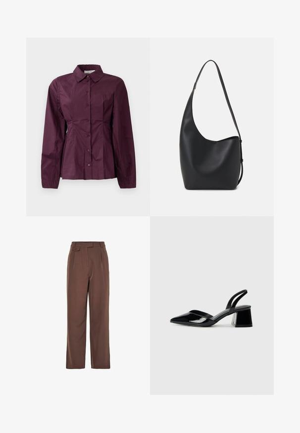 Bordeaux knoopshirt met lange mouwen, een klassieke kraag en geplooide details bij de taille. Glad stof met subtiele glans.; Bruine geweven wijde broek met een hoge tailleband, plooien aan de voorkant en een knoopdetail. Glad textuur met een op maat gemaakte uitstraling.; Zwarte gepatineerde leren slingback hakken met een spitse neus en een geometrische blokhak. Kenmerkt zich door een slank, minimalistisch ontwerp en een gladde textuur.; Zwarte leren hobo tas met een gladde textuur, kromme vorm en een enkele verstelbare schouderband; heeft een brede opening aan de bovenkant.