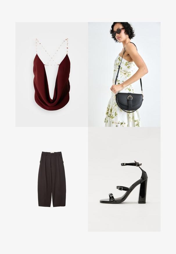 Bordeaux ærmeløs top med dyb V-hals og draperet front. Har fine kædetræk med dekorative perler. Glat stofstruktur.; Sorte brede bukser lavet af et glat stof, med høj talje, forfaldne folder og sidelommer. Simpelt design uden udsmykninger.; Sorte patenterede hælsandaler med firkantet tå, ankelremme og sølvspænder. Har en chunky blokHæl for stabilitet.; Sort læderhåndtaske med en buet form, aftagelig rem og guldfinish. Tasken har en klap med en spænde detalje.