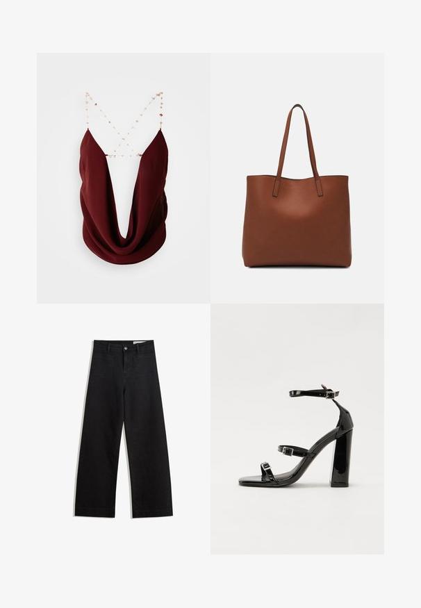 Burgundská bezrukávová blúzka s hlbokým V-výstrihom a drapovaným predným dielom. Obsahuje jemné reťazové ramienka s dekoratívnymi korálkami. Hladká textúra látky.; Čierne denimové nohavice s širokými nohavicami a vysokým pásom, so prednými a zadnými vreckami, šitými švami a zapínaním na gombík. Hladká textúra.; Čierne lakované sandále na podpätku so štvorcovou špičkou, navlečenými remienkami okolo členku a striebornými prackami. Disponujú masívnym blokovým podpätkom pre stabilitu.; Hnedá kožená taška na rameno s hladkou textúrou, otvoreným vrchom a dvoma ramenými popruhmi. Má minimálne šitia a žiadne viditeľné kovania.
