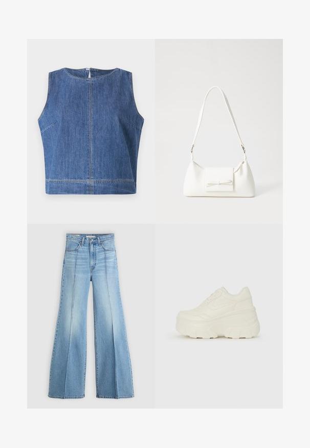 Top sem mangas em denim azul, com um decote redondo, corte reto e detalhes de costura visíveis ao longo das costuras e da bainha.; Jeans de cintura alta em azul claro, com pernas largas, bolsos dianteiros e traseiros, passantes para cinto e detalhes de costura vertical na parte da frente.; Tênis brancos de plataforma com um cabedal suave semelhante a couro, formato arredondado, colarinho acolchoado e sola de borracha texturizada com ranhuras bem definidas.; Mala sintética branca com formato triangular, aba frontal plana e detalhe de laço, alça ajustável, textura suave e design minimalista.