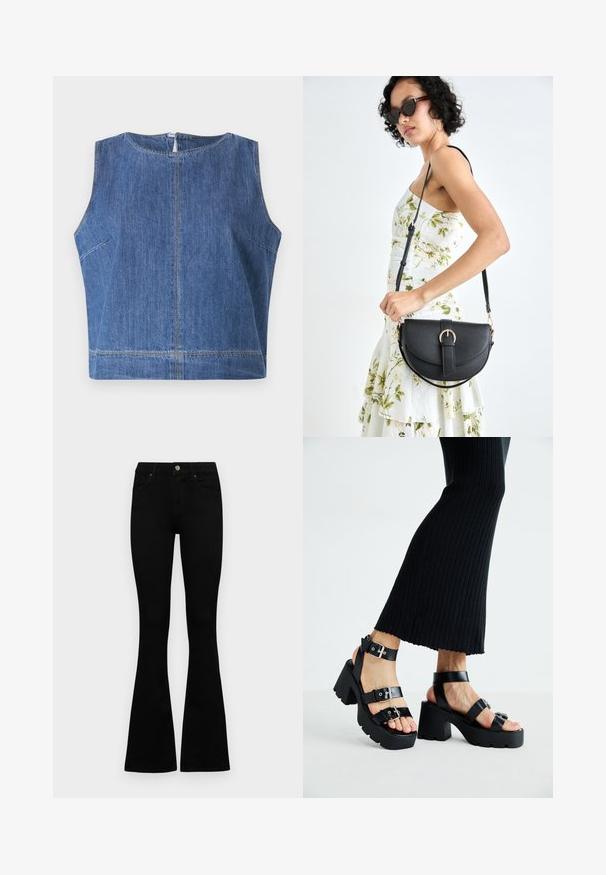 Top sem mangas em denim azul, com um decote redondo, corte reto e detalhes de costura visíveis ao longo das costuras e da bainha.; Jeans pretos de cintura alta com fecho de botão e zíper, bolsos frontais e pernas largas dispostos em cima de um fundo branco.; Sandálias de plataforma pretas com solas robustas e com garras, várias correias, apresentando fivelas de metal e uma textura suave semelhante a couro.; Bolsa de couro preta com forma curva, alça destacável e detalhes em dourado. A bolsa possui uma aba com detalhe de fivela.