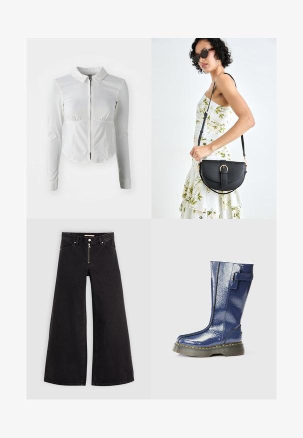 Casaco branco com fecho éclair, mangas longas, gola e design ajustado. Tecido suave com detalhes franzidos na zona do busto e da cintura.; Calças de ganga de perna larga em denim preto com fecho éclair à frente, design de cinco bolsos e detalhes de costura subtil. Textura suave e estilo casual.; Bota azul, brilhante, até ao joelho, com bico arredondado, fecho lateral e detalhes de costura verticais. Apresenta uma sola de plataforma grossa e preta com costura amarela.; Bolsa de couro preta com forma curva, alça destacável e detalhes em dourado. A bolsa possui uma aba com detalhe de fivela.