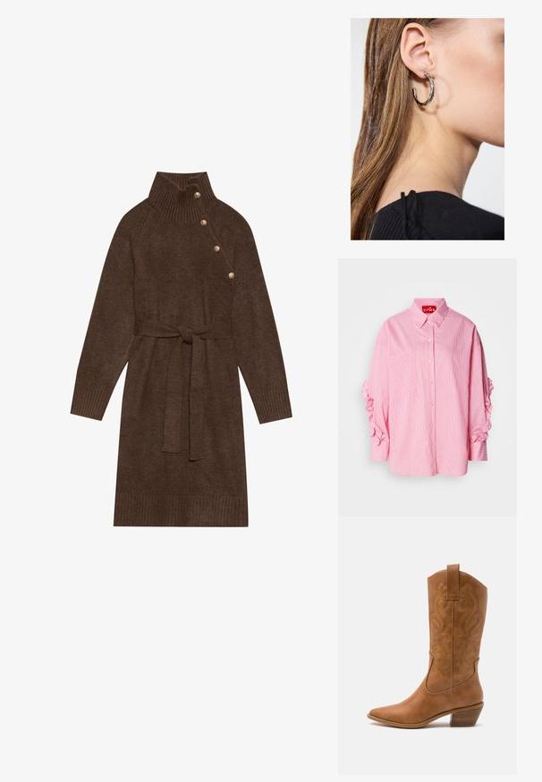 Világos rózsaszín csíkos ing zsebbel, gombos elülső résszel és fodros ujjakkal. Jellemzői a különböző szélességű függőleges és vízszintes csíkok.; Barna kötött ruha, magas bordás gallérral, oldalsó gombokkal és egy hozzáillő anyagból készült övvel. A bordás mandzsetták és az alsó szegély textúrát adnak.; Barna bőr cowboy csizma hegyes orral, hímzett örvény mintákkal a szárán, és stílusos, réteges blokk sarokkal. Kihúzó füle segíti a könnyű felhúzást.; Ez egy ezüst fülbevaló, sima felülettel, amelyen apró arany díszítőelemek találhatók. Kerek formájú és a fülcimpán viselik.