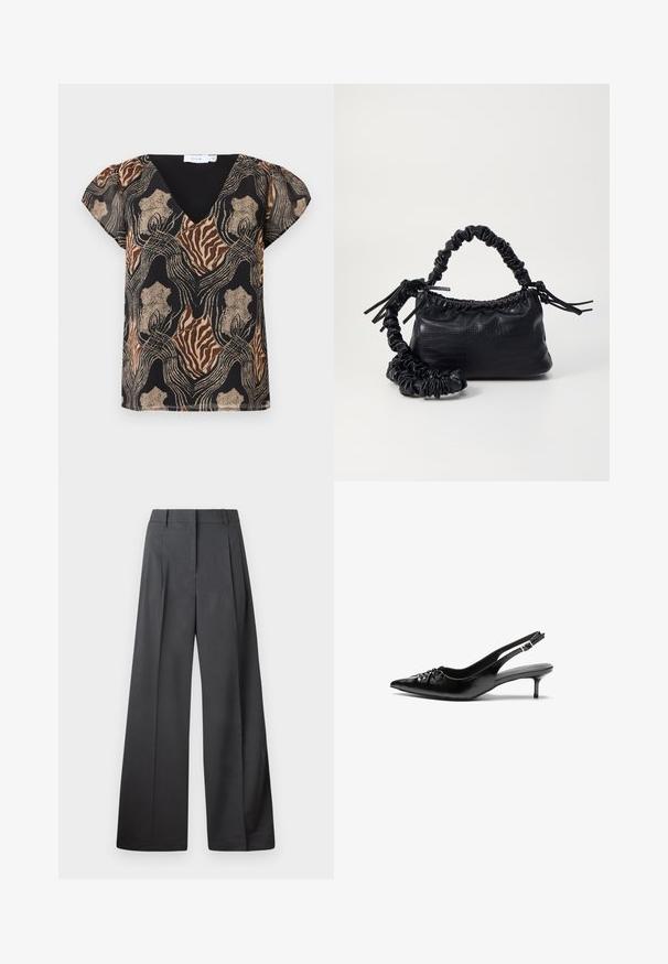 Bluză cu mânecă scurtă, cu bază neagră, având un imprimeu abstract multicolor în nuanțe de aur, maro și bej. Design cu decolteu în V și textură moale.; Pantaloni culți din țesătură gri închis, cu talie înaltă, pliuri simple și o textură netedă, cu o finisare curată la tivuri.; Cizme slingback din piele neagră, cu vârf ascuțit, toc mic de tip kitten heel și un detaliu decorativ sub formă de nod în față. Textură netedă pe întreaga suprafață.; Geantă din faux leather neagră cu textură de crocodil, cu partea superioară strânsă și o curea mototolită. Pare moale și compactă ca design.