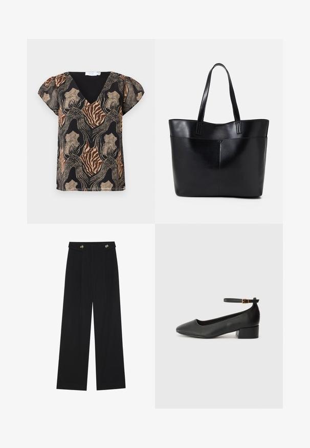 Kortermet bluse med svart bunn, med et flerfarget abstrakt mønster i gull, brunt og beige. V-halsdesign med myk tekstur.; Svart vide bukser med høy midje, knappdetaljer på midjebåndet og frontplisser.; Sorte skinnpumper med spiss tå og lav blokkhelt. Har ankelrem med gullfarget spenne. Glatt tekstur.; Svart lær toteveske med to lange håndtak, en glatt tekstur og en strukturert form. Har en frontlomme for ekstra oppbevaring.