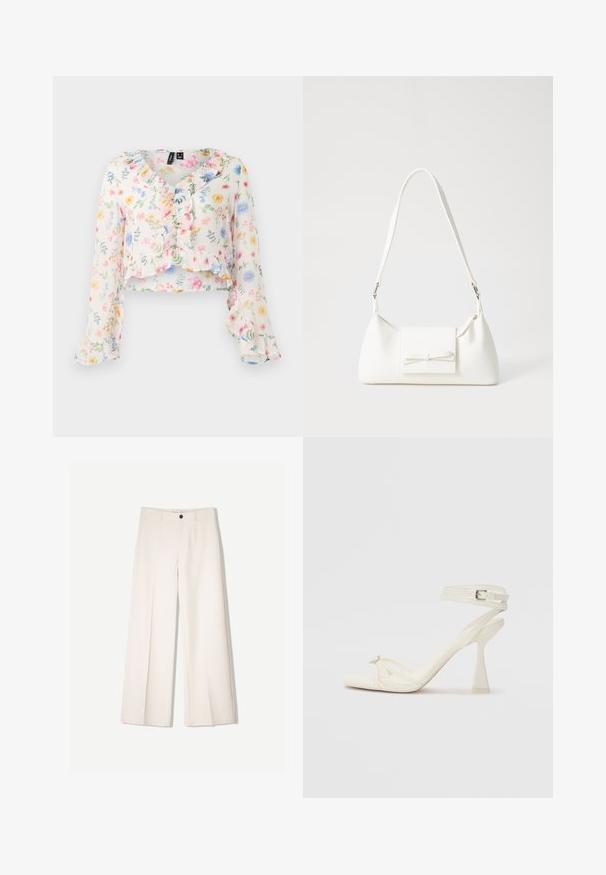 Květinový crop top z lehkého materiálu. Obsahuje volánkový výstřih a rukávy. Hlavní barvy jsou bílá, růžová, žlutá a modrá.; Krémové široké kalhoty s tailored designem, které mají dvě přední kapsy a jedno zapínání na knoflík vpředu, vyrobené z hladkého materiálu.; Bílé kožené sandály na vysokém podpatku s tenkými řemínky, elegantním designem, průhledným blokovým podpatkem a dekorativním prvkem na špičce.; Bílá syntetická kabelka v trojúhelníkovém tvaru, s plochým předním klopným víkem a detailem mašle, nastavitelným popruhem, hladkým povrchem a minimalistickým designem.