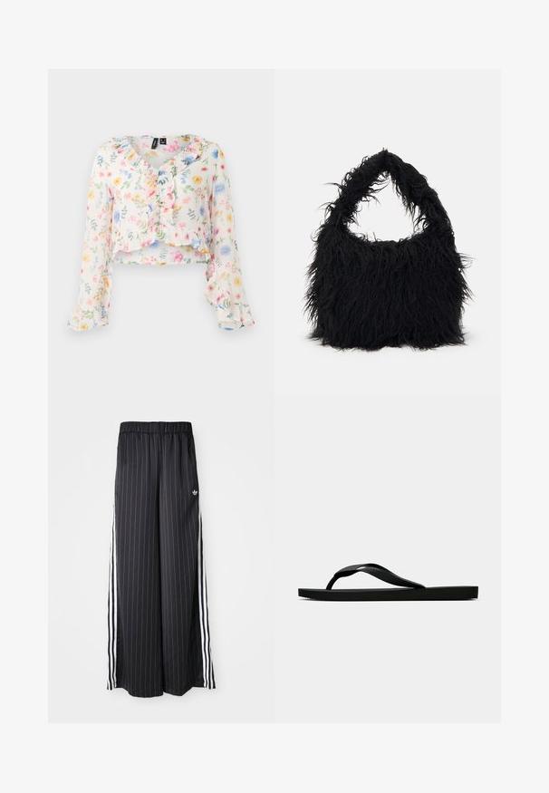 Top de flores em tecido leve. Apresenta decote e mangas com babados. As cores predominantes incluem branco, rosa, amarelo e azul.; Calças largas pretas com riscas verticais brancas, cintura elástica e três riscas brancas nas laterais. Logótipo da Adidas na frente.; Chinelo de borracha preta com uma tira texturada e sola plana simples, mostrado de lado num fundo claro.; Even&Odd Saco de mão - black