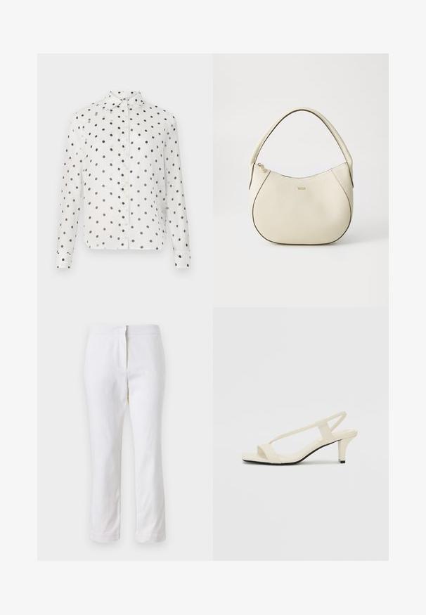 Chemise blanche à boutons, avec des pois bleu marine, dotée d'un col classique et de manches longues. Fabriquée en tissu lisse, avec des fermetures à boutons sur le devant.; Pantalons en coton blancs avec une coupe droite, dotés d'une taille mi-haute et sans matériel ou motifs visibles. Texture lisse sur l'ensemble.; Sandales beiges à talons carrés avec des fines brides et un bout carré. Matière lisse avec des détails minimaux, conçues pour un port facile.; Sac à main couleur crème avec une finition texturée, forme courbée, anses courtes et détail de logo doré. Fermeture éclair sur le dessus.