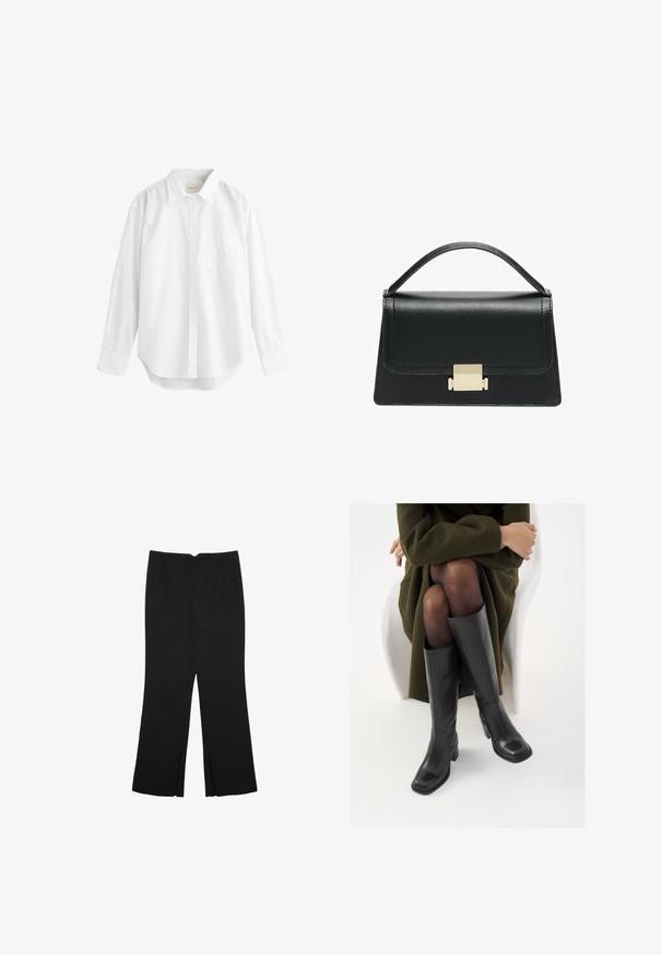 White long-sleeve shirt made of cotton, featuring a button-down collar, front pocket, and curved hemline. Smooth texture and classic design.; Black trousers with a straight fit, featuring front pockets and side slits at the hem. Made of soft, smooth fabric. Suitable for various occasions.; Knee-high black leather boots with a squared toe and block heel, shown with a model seated in an olive green coat. Smooth texture, minimal detailing.; Black leather handbag with a structured design, top handle, and a gold metal clasp detail on the front. Smooth texture, minimal stitching.