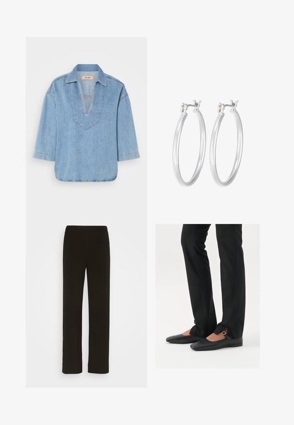 Gai zila denima krekls ar V veida kaklu, īsām piedurknēm un nedaudz izliekta apakšmalu. Iekļauj kontrastējošu šuvju ap kakla līniju.; Melni taisni bikses, izgatavotas no austas auduma, ar gludu priekšpusi, divām sānu kabatām un gludu tekstūru. Nav redzamu rakstu vai akcentu.; Melni ādas baleta zābaki ar smailo purngalu, siksniņa ar sudraba sprādzi, kombinēti ar melniem tailētiem biksēm ar šķēluma apakšdaļu.; Sudraba riņķveida auss gredzeni ar gludu, pulētu apdari. Apaļa forma un drošs klikšķa augšējais slēgums. Viegls dizains, kas piemērots ikdienas valkāšanai.