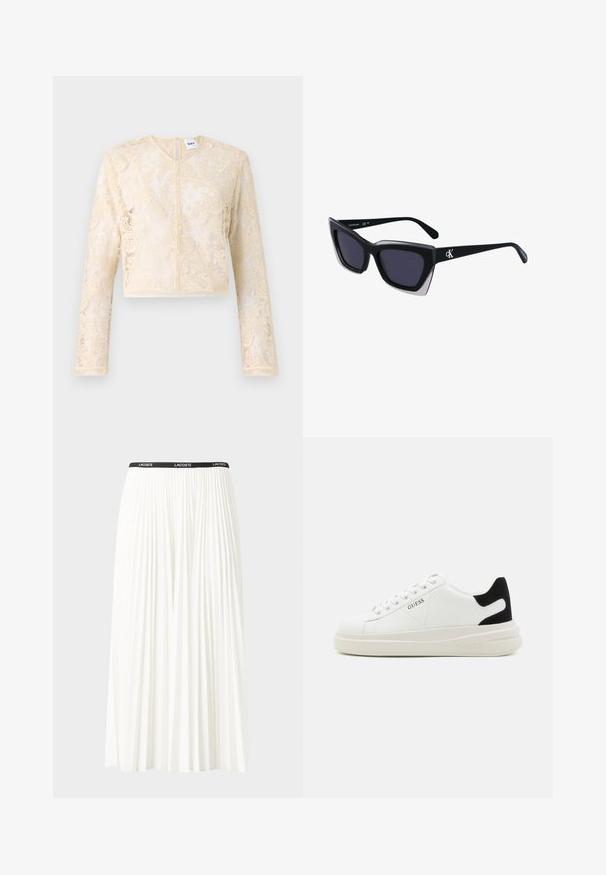 Bež čipkasti kratki top s dugim rukavima, ukrašen cvjetnim uzorcima i suptilnim sjajem, s dugmetom za zatvaranje na pozadini i rebrastim rubom.; Nabrana bijela suknja s crnim elastičnim pojasom na kojem se nalazi logo "LACOSTE". Srednje dugačak dizajn s mekim teksturom.; Bijele kožne tenisice s debelim bijelim potplatom, crnim zamšastim akcentom na peti i ugraviranim logom sa strane. Dizajn s vezicama i šest rupa za vezivanje.; Crne oversize sunčane naočale geometrijskog oblika, s tamnim staklima i kontrastnom sivom dekoracijom na okviru. Logo na dršci.