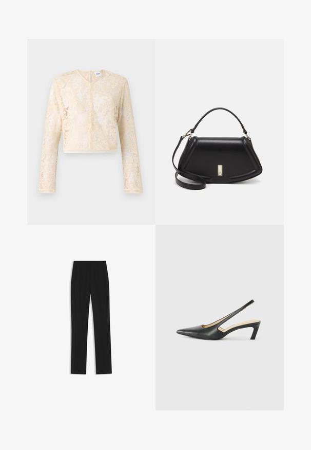 Top corto a maniche lunghe in pizzo beige, caratterizzato da motivi floreali e una leggera lucentezza, con chiusura a bottoni sul retro e orlo a costine.; Pantaloni neri su misura con un design a gamba dritta, dotati di tasche frontali e un tessuto liscio e strutturato. Dettagli ordinati e minimalisti.; Scarpa slingback nera con punta affilata e tacco basso, realizzata in pelle liscia e con un design a taglio laterale per favorire la traspirabilità.; Borsa a mano in pelle nera con un design strutturato, caratterizzata da una forma corta, manico superiore e accessori in metallo dorato. Inclusa tracolla regolabile.