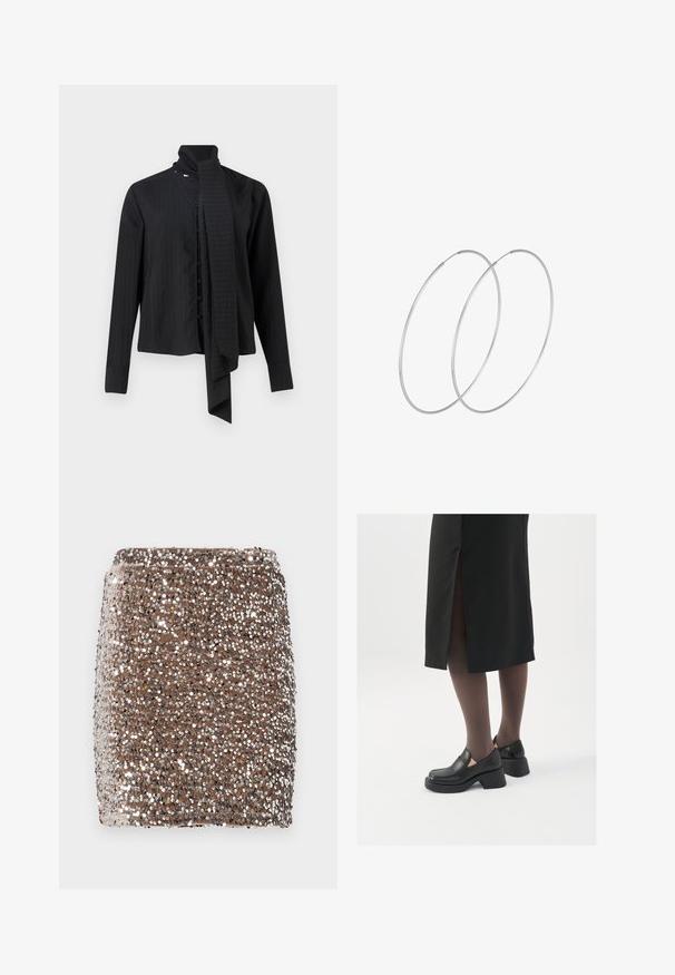 Black long-sleeve shirt with a fold-over collar and a loose scarf detail. Features vertical pinstripes and front button closure.; Brown sequined mini skirt with a fitted design, covered in reflective silver sequins, creating a textured, shimmering effect.; Black leather shoes with a rounded toe, thick block heel, and elastic side accents, paired with dark tights and a black skirt with a slit.; Silver hoop earrings with a minimalist design. Circular shape, smooth texture, and thin profile. Lightweight with a polished finish.
