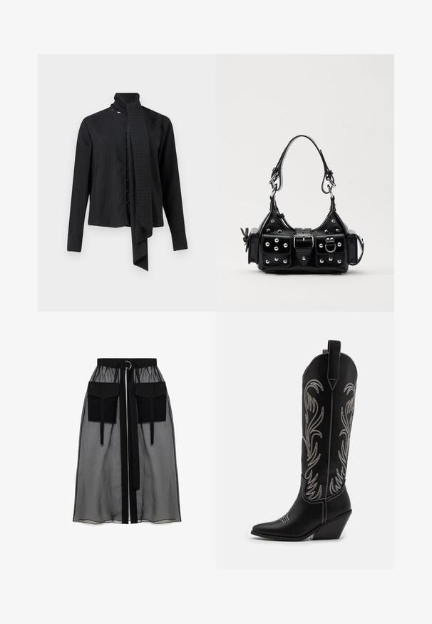 Camicia nera a maniche lunghe con colletto a risvolto e dettaglio di sciarpa morbida. Presenta righe verticali e chiusura con bottoni sul davanti.; Gonna nera trasparente con una vita arricciata, dotata di due ampie tasche frontali, un laccetto in vita e un ornamento metallico circolare.; Stivali da cowboy in pelle nera con punte affusolate, tacchi a zoccolo e motivi floreali ricamati in argento lungo il gambale. Cuciture a contrasto in tutto lo stivale.; Borsa a mano in pelle nera con design curvo, caratterizzata da borchie argentate, una fibbia e due tasche laterali. Tracolla regolabile per diverse opzioni di trasporto.
