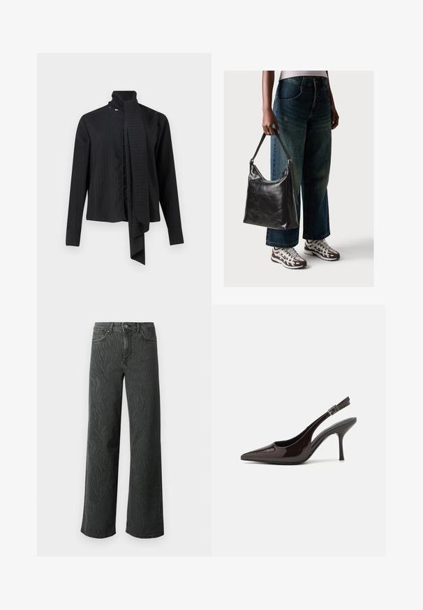 Fekete, hosszú ujjú ing, hajtott gallérral és laza sál részlettel. Függőleges csíkokkal és elöl gombos záródással rendelkezik.; Sötét szürke denim széles lábú farmer, diszkrét zebra mintás textúrával, kontrasztos varrással és öt zsebes kialakítással, gombos zipzárral.; Fényes sötétbarna lakkbőr magas sarkú slingback cipő, hegyes orral, nyitott oldalakkal és állítható bokapánttal.; Fekete bőr válltáska sima textúrával és állítható pánttal, melyet elnyűtt, bő szárú farmernadrággal és sportcipőkkel párosítottak.