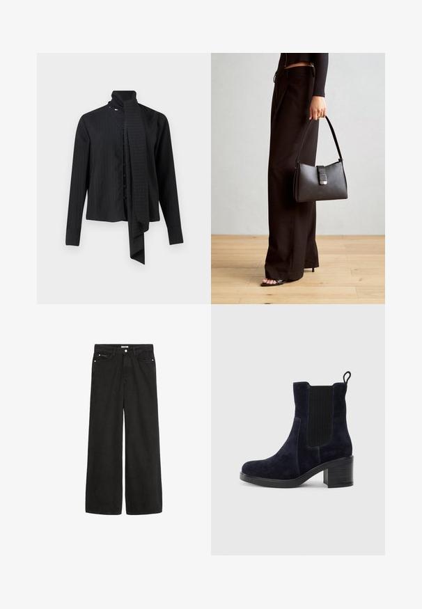 Camicia nera a maniche lunghe con colletto a risvolto e dettaglio di sciarpa morbida. Presenta righe verticali e chiusura con bottoni sul davanti.; Jeans in denim nero a gamba larga con vita alta. Presentano cinque tasche, accessori metallici e una finitura pulita. La texture è liscia e morbida.; Stivaletti alla caviglia in camoscio blu navy con pannello elastico laterale, punta tonda e tacco a blocco. Il tessuto testurizzato e la suola liscia aggiungono contrasto.; Borsa nera con forma strutturata, texture liscia e una chiusura metallica. Abbinata a pantaloni neri larghi e sandali open-toe su un pavimento in legno.