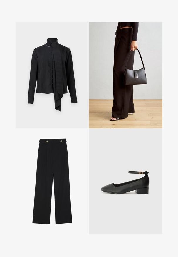 Svart långärmad skjorta med vikbar krage och löst scarfdetalj. Har vertikala ränder och knappstängning fram.; Svarta vida byxor med hög midja, knäppdetaljer i midjan och framfickor.; Svart läderpump med spetsig tå och en låg klack. Har en ankelsnodd med en guldtonad spänne. Slät textur.; Svart handväska med strukturerad form, slät yta och metallspänne. Matchad med vida svarta byxor och sandaler med öppen tå på trägolv.