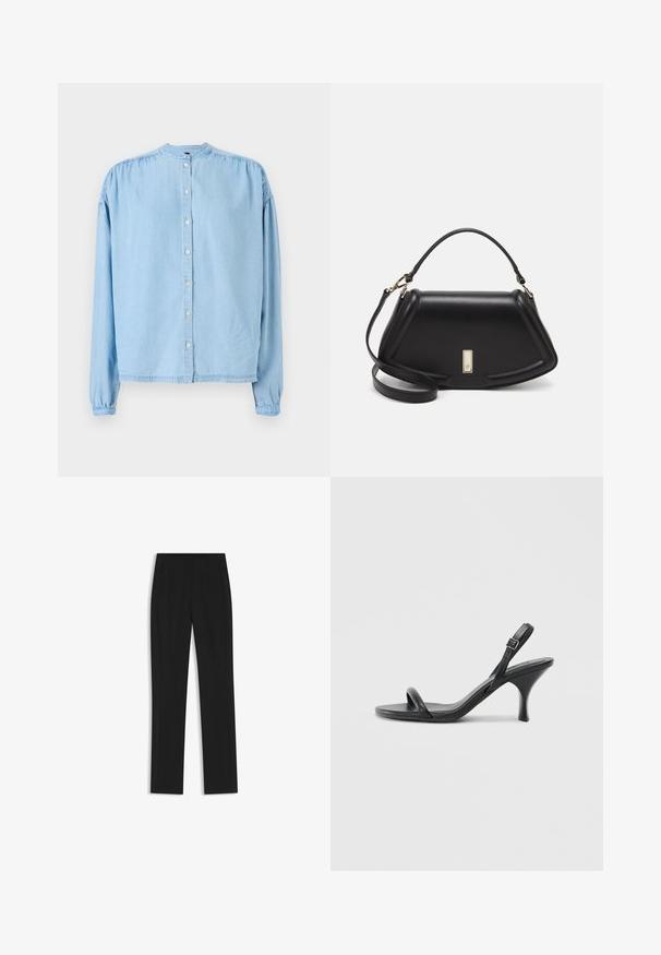 Light blue, long-sleeve button-up shirt made of soft denim, featuring a rounded neckline, gathered shoulders, and a straight cut.; Black tailored trousers with a straight-leg design, featuring front pockets and a smooth, textured fabric. Neat, minimal detailing.; Black leather high-heeled sandals with a slim, curved heel and a crossed strap design. Adjustable ankle strap. Smooth texture.; Black leather handbag with a structured design, featuring a cropped shape, top handle, and gold hardware accent. Adjustable shoulder strap included.