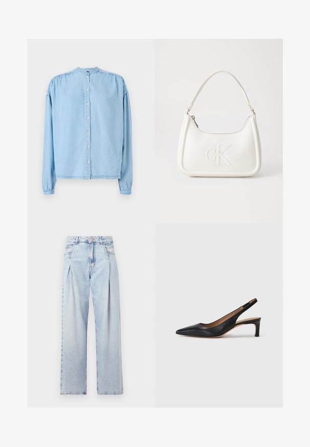 Light blue, long-sleeve button-up shirt made of soft denim, featuring a rounded neckline, gathered shoulders, and a straight cut.; Light blue denim jeans with a high waist, wide-leg cut, two side pockets, and pleated design feature. Soft texture with a faded finish.; Black leather slingback pump with a pointed toe, low heel, and a smooth texture. Features a thin adjustable strap for a secure fit.; White leather handbag with a curved shape, featuring an embossed "CK" logo on the front and a single shoulder strap. Zipper closure at top.