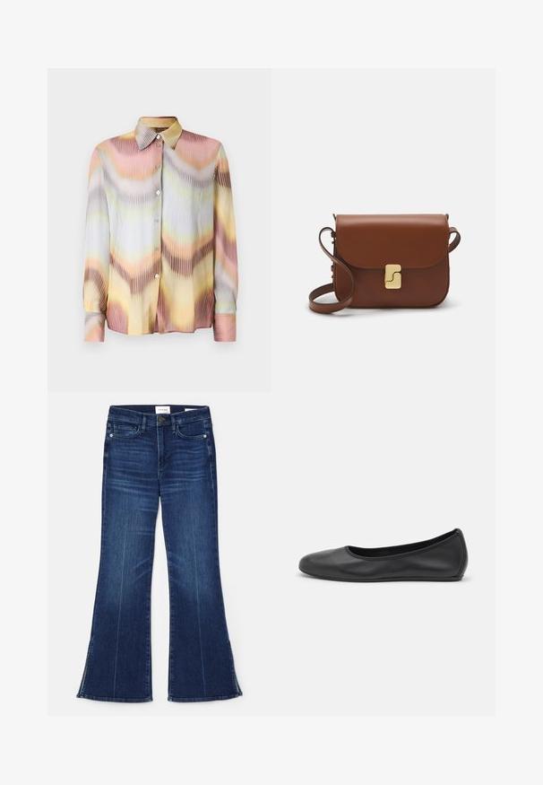 Blusa plisada multicolor con mangas largas, que presenta un sutil patrón degradado en tonos de rosa, amarillo y gris, con cierre frontal de botones.; Vaqueros acampanados de color azul oscuro, hechos de mezclilla. Presentan una cintura alta, bolsillos frontales y detalles de abertura en el dobladillo. Diseño clásico de cinco bolsillos.; Bailarina de piel negra con punta redondeada, textura suave, detalle de costura minimalista y diseño de suela flexible.; Bolso de mano de cuero marrón con cierre de solapa, herrajes en tono dorado, correa para el hombro y una textura suave. Forma rectangular compacta.