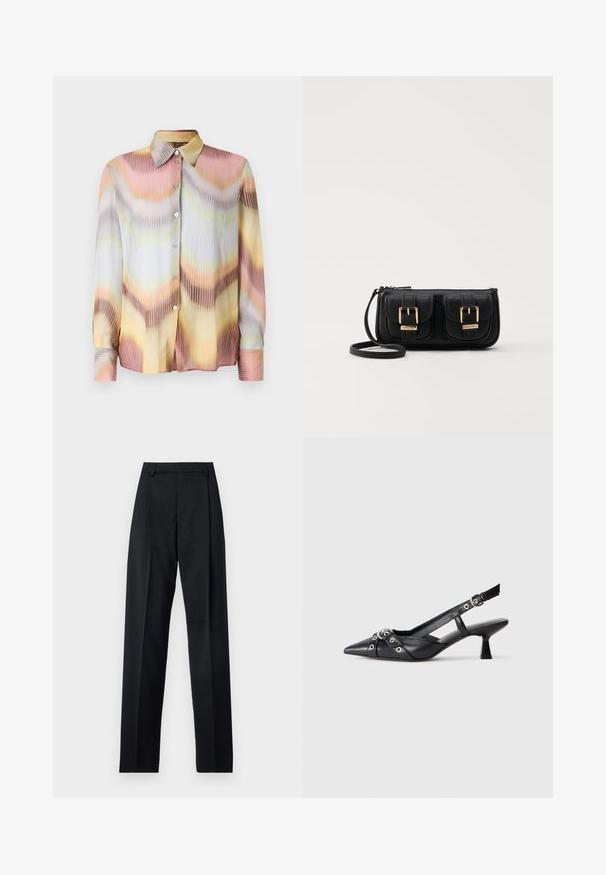 Multicolored pleated blouse with long sleeves, featuring a subtle gradient pattern in shades of pink, yellow, and gray, button-down front.; Black trousers made from smooth fabric featuring a high waist, wide legs, front pleats, and classic belt loops. No side pockets visible.; Black leather slingback shoe with a pointed toe, decorative straps featuring metal eyelets, and a low block heel. Textured surface.; Black leather crossbody bag with two front pockets, gold buckles, zipper closure, and a slim strap. Textured surface and compact rectangular shape.