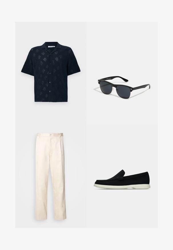 Mornarska kratka majica s kratkimi rokavi, ki ima diamantni vzorec z odprto pletenino, pet gumbov na sprednji strani in ovratnik.; Bež cottone hlače s ravnim krojem, ki imajo gumbasto zapiranje in nabore spredaj za dodatne detajle.; Črne slip-on čevlje z zaobljenim nosom, ki imajo strukturirano zgornji del, gladek bel podplat in subtilen logotip na strani.; Črne sončne naočare pravokotne oblike, temna leča, srebrni detajli na ušesih in mat površina na okvirju.