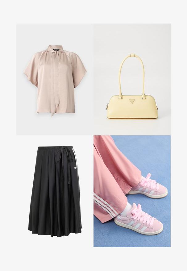 Blusa a maniche corte in satin beige chiaro, con un colletto alto con dettaglio annodato e bordi ondulati sulle maniche. Texture liscia.; Gonna nera midi con cintura elastica, lacci laterali, strisce bianche e logo trefoil Adidas sul lato destro.; Scarpe da ginnastica rosa con strisce azzurro chiaro, punta tonda e spesse lacci rosa, abbinate a pantaloni da jogging rosa con strisce bianche ai lati.; Borsa a mano in pelle verniciata gialla con forma arrotondata, manico singolo superiore e una placca logo argentata. Presenta una chiusura con zip e una texture liscia.