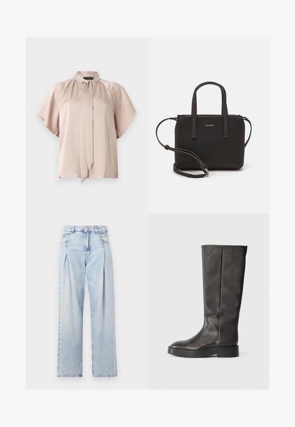 Kortærmet bluse i lys beige satin med høj krave, der har en bånddetalje samt bølgede kanter på ærmerne. Glat tekstur.; Lyseblå denim jeans med høj talje, bred benåbning, to sidelommer og plisseret design. Blød tekstur med et falmet finish.; Sorte knæhøje læderstøvler med tyk sål og subtil Calvin Klein-logo nær den øverste kant, vist fra siden.; Sort håndtaske med to korte håndtag og en aftagelig skulderrem. Glat læderagtigt materiale med lynlåslukning og logo detaljer.