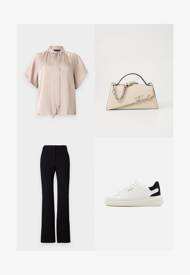 Kortærmet bluse i lys beige satin med høj krave, der har en bånddetalje samt bølgede kanter på ærmerne. Glat tekstur.; Sorte bukser med lige snit, glat tekstur og en talje med en enkelt knaplukning. Ingen synlige mønstre eller accenter.; Hvide lædersneakers med en tyk hvid sål, sort ruskindhælvægt og prægede logoer på siden. Snørebåndsdesign med seks øjer.; Beige læderhåndtaske med en struktureret, trekantet form, der har et sølvfarvet kædehåndtag og et kursivlogo i metal.