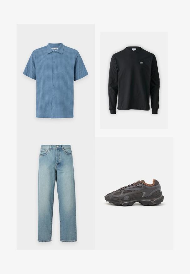 Srajca s kratkimi rokavi, svetlo modre barve, iz teksturirane tkanine, ki ima vzorec mreže in klasičen ovratnik. Šest gumbov za zapiranje na sprednji strani.; Črna dolgi rokavi majica iz bombaža, z okroglim ovratnikom in majhnim zelenim vezenim logotipom krokodila na levem prsnem delu.; Svetlo modri jeans z ohlapnim krojem, ravnimi hlačnicami, petimi žepi in gumbom za zapiranje pri pasu. Minimalistični detajli šivanja.; Lacoste teniske v temno sivi barvi z mrežasto in sintetično prevleko, s teksturiranim podplatom in rjavimi detajli na ovratniku ter blagovni znamki.
