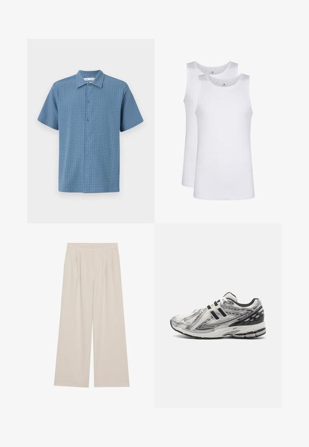 Camisa de botones de manga corta en azul claro, de tejido texturizado, con un patrón de cuadrícula y un cuello clásico. Seis cierres de botones en la parte delantera.; Camisetas sin mangas de algodón blanco, diseño sin mangas, cuello redondo, textura lisa, con un tejido suave y ligero. Se presentan dos piezas.; Pantalones de pierna ancha beige con frente plano, pliegues y cinturilla elástica. Elaborados en una tela ligera con una textura suave.; Zapatillas de running para hombre en malla blanca con acentos negros, que cuentan con una suela acolchada, diseño con cordones y una superficie texturizada para agarre.