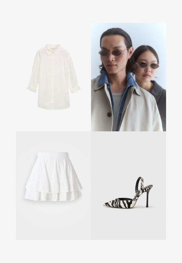 Vit bomulls skjorta med krage, långa ärmar uppvikta och en strukturerad textil. Har en rak fåll och knappstängning.; Vit, lager-på-lager kjol gjord av lättviktig tyg med hålmönster och volangkant. Har resårmidja för komfort.; Skarp tå slingback-klack i svart och kräm randig zebra-print, med en slank hög klack och öppen baksida med svart inredning.; Guldinramade solglasögon med ovala linser, som bärs av två individer. Den ena har en beige kappa med en denimkrage; den andra har en mörk, kragad topp.; Svart strukturerad handväska i läder med ett topphandtag, avtagbar axelrem och en frontklaffdetalj. Guldaccessoarer.; Anna Field LEATHER - Fingervantar - black