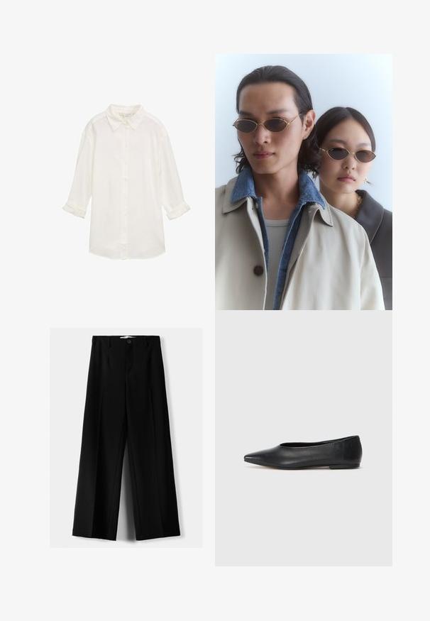 Hvid bomulds skjorte med knaplukning og krave, lange ærmer oprullet, samt et struktureret stof. Har en lige kant og knaplukning.; Sorte brede bukser lavet af letvægtsstof, med frontknaplukning og glat front, samt pænt syede kanter.; Sort læder balletflade, spidse tæer, minimalistsk design, glat tekstur, lav hæl, ingen synlig hardware eller udsmykninger.; Guldindfattede solbriller med ovale linser, båret af to personer. Den ene har en beige frakke med en denimkrave på; den anden har en mørk, kravetoppen på.; Sort struktureret håndtaske lavet af læder med et topgreb, aftagelig skulderrem og detalje med frontklap. Guldhardware accenter.
