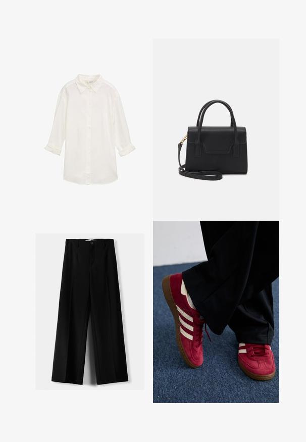 Biała bawełniana koszula zapinana na guziki z kołnierzykiem, z długimi rękawami podwiniętymi, o teksturowanej tkaninie. Posiada prosty dół i zapięcie na guziki.; Czarne spodnie szerokie, wykonane z lekkiego materiału, z zapięciem na guzik z przodu i gładkim przodem, z starannie wykończonymi brzegami.; Czerwone zamszowe tenisky z białymi paskami, z zapięciem na sznurówki i teksturowaną brązową gumową podeszwą. Noszone z czarnymi spodniami, na tle niebieskiego dywanu.; Czarna, strukturalna torebka wykonana ze skóry, z górnym uchwytem, odpinanym paskiem na ramię i detalem w postaci klapy z przodu. Złote akcenty metalowe.