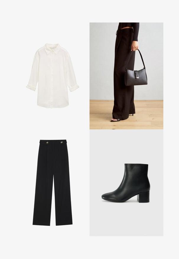 Valge puuvillane nööbiga särk kraega, pikkade varrukatega, mille varrukad on üles keeratud ja tekstuuriga kangast. Omab sirget alumist serva ja nööpide kinnitust.; Mustad laiad püksid kõrge vöökoha ja nööpdetailidega vööandil, esikortsudega.; Mustad nahast pahkluu saapad terava varbaga ja jämeda kandaga. Sile tekstuur minimaalse aktsentidega ja stiilne, lihvitud disain.; Must musta kott, millel on struktureeritud kuju, sile tekstuur ja metallist klamber. Kombineeritud laiate mustade pükstega ja avatud varvaste sandaalidega puidust põrandal.