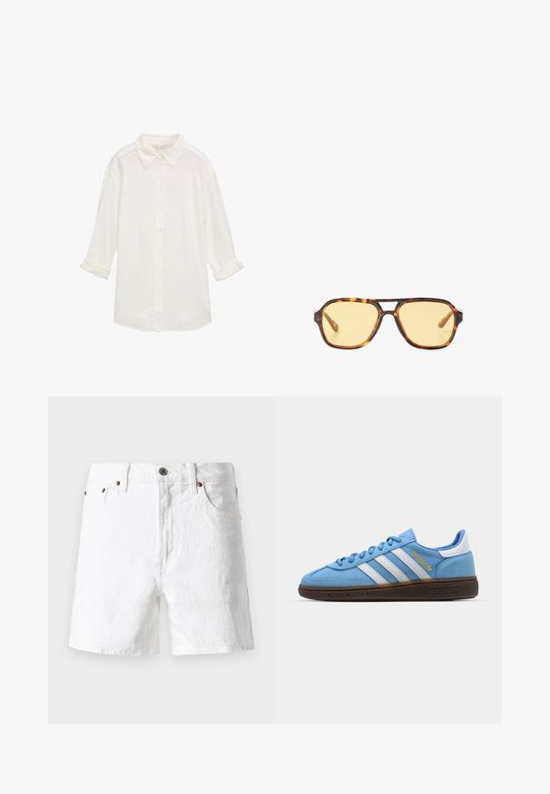 White cotton button-up shirt with a collar, long sleeves rolled up, and a textured fabric. Features a straight hem and button closure.; White denim shorts with a classic design, five pocket style, copper button accents, and a slightly textured fabric finish.; Light blue suede sneakers with white leather stripes, a brown textured sole, and gold logo detail. Low-top design with rounded toe.; Tortoiseshell sunglasses with a geometric design, yellow lenses, and metal accents on the temples. Wide frame and matte texture.