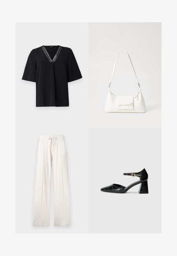 Top scurt negru cu mâneci scurte și decolteu în V, având un tiv decorativ cu model argintiu pe marginea decolteului, realizat dintr-un material texturat, moale.; Pantaloni de trening bej deschis, confecționați dintr-un material moale, având o talie cu șnur, picioare largi și cusături verticale, cu o textură netedă.; Pantofii negri din piele lăcuită cu toc înalt, vârf ascuțit, curea la gleznă și model texturat de crocodil. Design cu toc pătrat.; Geantă sintetică albă, cu formă triangulară, capac frontal plat și detaliu cu fundă, curea ajustabilă, textură netedă și design minimalist.