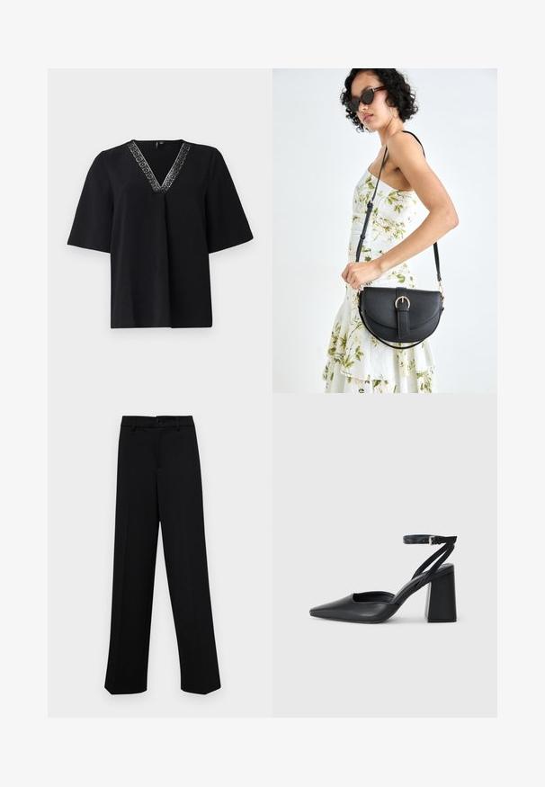 Fekete, rövid ujjú felső V-nyakkivágással, díszes ezüst mintás szegéllyel a nyakrészen, puha, texturált anyagból készült.; Fekete, széles szárú nadrág sima anyagból, klasszikus derékrésszel, gombzárral és elülső redőkkel.; Fekete bőr, hegyes orrú magassarkú cipő boka pánttal és vastag sarokkal. Sima textúra, elegáns dizájn és minimális esztétika.; Fekete bőrtáska ívelt formával, levehető pánttal és arany színű fémrészekkel. A táskán egy csattal díszített fedél található.