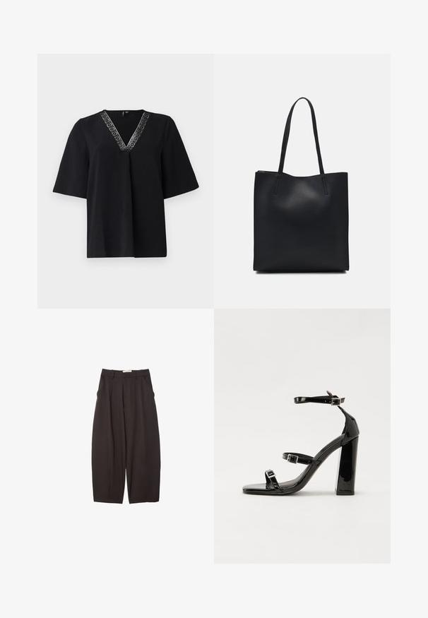 Čierny top s krátkym rukávom a výstrihom do V, s dekoratívnym strieborným vzorovaným lemom okolo výstrihu, vyrobený z jemnej a texturovanej tkaniny.; Čierne široké nohavice vyrobené z hladkej tkaniny, s vysokým pásom, prednými skladmi a bočnými vreckami. Jednoduchý dizajn bez ozdôb.; Čierne lakované sandále na podpätku so štvorcovou špičkou, navlečenými remienkami okolo členku a striebornými prackami. Disponujú masívnym blokovým podpätkom pre stabilitu.; Čierna kožená taška na rameno s hladkým povrchom, obdĺžnikovým tvarom a dvoma dlhými uchami. Bez viditeľného kovania alebo ozdôb.