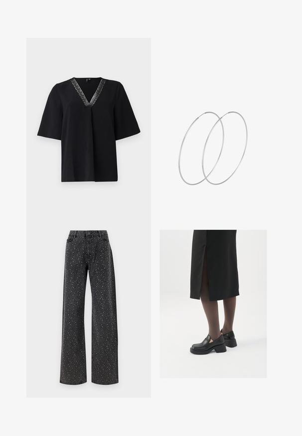 Zwarte top met korte mouwen en een V-halslijn, voorzien van een decoratieve zilveren patroonrand langs de halslijn, gemaakt van een zachte, gestructureerde stof.; Noisy May NMJANNEL LOOSE - Relaxed fit jeans - black denim; Zwarte leren schoenen met een ronde neus, dikke blokhak en elastische zijkanten, gecombineerd met donkere panty's en een zwarte rok met een split.; Zilveren hoepel oorbellen met een minimalistisch ontwerp. Cirkelvormig, gladde textuur en dun profiel. Lichtgewicht met een gepolijste afwerking.