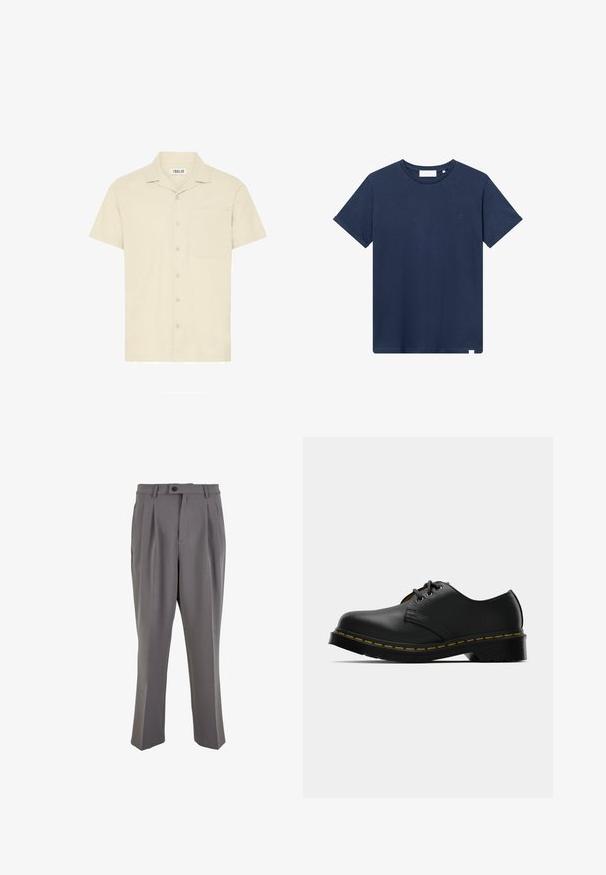 Košile s krátkým rukávem a límečkem ze světle béžové tkaniny, s přední kapsou a zapínáním na pět knoflíků.; Námořnická modrá bavlněná tričko s kulatým výstřihem, krátkými rukávy a malým vyšitým logem na levém prsu. Hladká textura.; Šedé plisé kalhoty vyrobené z hladkého materiálu, s rovnými nohavicemi, jednořadovým zapínáním na knoflík a poutky na opasek. Minimalistický design.; Černé kožené boty s kulatou špičkou, šněrovací design, žluté prošívání podél podrážky a robustní černá gumová podrážka pro lepší trakci.