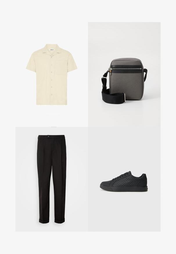 Kurzarm-Hemd mit Kragen aus hellem Beige-Stoff, ausgestattet mit einer Brusttasche und einer Knopfleiste mit fünf Knöpfen.; Schwarze Hose mit glatter Textur, gerade geschnitten, zwei Fronttaschen und einem einzigen Knopfverschluss an der Taille.; Schwarze Sneakers mit einem strukturierten Rautenmuster an der Seite, runder Zehenpartie, flacher Sohle und Schnürverschluss.; Grau gestreifter Umhängetasche mit einer schwarzen Reißverschlusstasche, verstellbarem Riemen und rechteckiger Form. Sie verfügt über eine glatte Textur und Metallbeschläge.