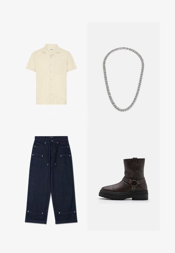 Short-sleeve, collared shirt in light beige fabric, featuring a front pocket and a button-down closure with five buttons.; Dark denim wide-leg pants with two front pockets, silver hardware details, and contrasting red stitching. Features a button closure and brand logo.; Brown leather ankle boot with a square toe, buckle accents, and a thick black sole. Features a side zipper and textured surface.; Silver chain necklace featuring interlocking links, smooth finish, and a clasp closure. The design is uniform and slightly thick.