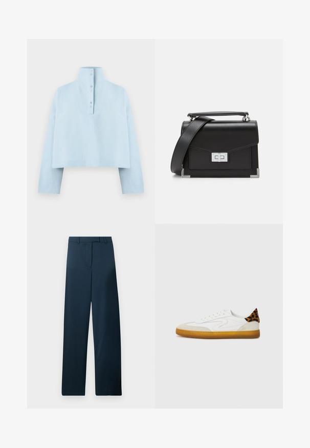 Camisa curta azul clara com colarinho alto, mangas longas e fecho de cinco botões nas costas. Feita de um tecido suave e texturizado.; Calças largas azul-marinho com uma textura suave, frente lisa e passadores para cinto. Apresentam um design minimalista, sem padrões ou detalhes visíveis.; Tênis brancos com parte superior em camurça texturizada e couro, apresentando um detalhe em padrão de onça no calcanhar e uma sola de borracha colorida.; Bolsa de couro preta com ferragens prateadas, design estruturado, fecho magnético e uma alça de ombro destacável. Detalhes texturizados nos cantos.