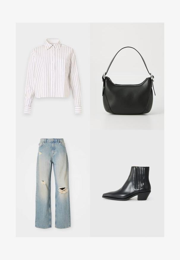 Chemise rayée blanche avec de fines rayures brunes. Elle a un col pointu, des manches longues et une poche poitrine. Longueur courte.; Jean droit bleu clair taille haute avec passants de ceinture, et déchirures usées sur la cuisse gauche, le genou droit, et le bas de la jambe gauche.; Bottine en cuir noir avec un bout pointu, des panneaux latéraux élastiques avec des rainures verticales, et un petit talon bloc. Texture lisse et design épuré.; Sac à main en cuir noir avec une forme arrondie, fermeture éclair argentée et une courte poignée. Présente un logo subtil à l'avant et une texture lisse.