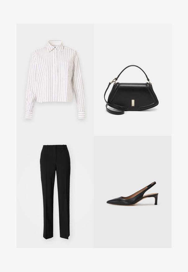 Striped button-up shirt in white with thin brown stripes. Features a pointed collar, long sleeves, and a chest pocket. Cropped length.; Black tailored trousers with a straight-leg design, featuring a smooth texture and crisp creases along the front. No visible hardware.; Black leather slingback pump with a pointed toe, low heel, and a smooth texture. Features a thin adjustable strap for a secure fit.; Black leather handbag with a structured design, featuring a cropped shape, top handle, and gold hardware accent. Adjustable shoulder strap included.