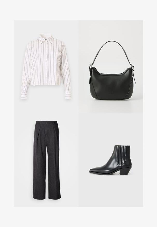 Striped button-up shirt in white with thin brown stripes. Features a pointed collar, long sleeves, and a chest pocket. Cropped length.; Dark gray wide-leg trousers with a textured fabric, featuring front pleats and a classic waistband design. No visible pockets.; Black leather ankle boot with pointed toe, elastic side panels with vertical grooves, and a low block heel. Smooth texture and sleek design.; Black leather handbag with a curved shape, silver zipper, and a short handle. Features a subtle logo on the front and smooth texture.