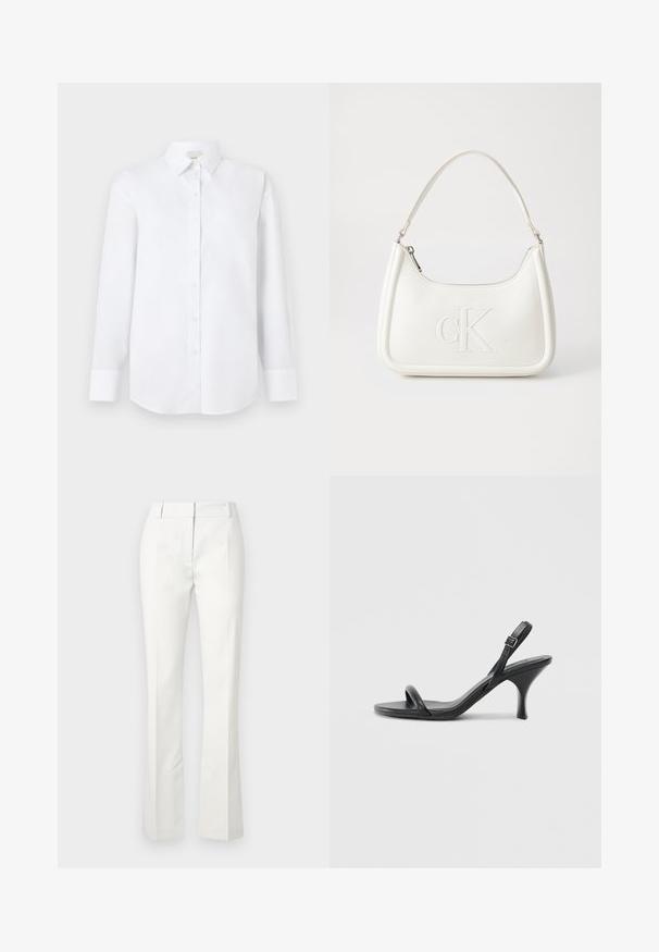 Hvit langermet skjorte laget av glatt stoff, med knappestolpe foran, klassisk krage og buet kant med knappefeste i ermene.; Hvit skreddersydde bukser med utsvingt bunn, med frontfeller og en jevn tekstur, laget av et lett materiale.; Sorte skinnhøye hæler med en slank, buet hæl og et kryssrem-design. Justerbar ankelrem. Glatt tekstur.; Hvit lærveske med en buet fasong, med et preget "CK"-logo på forsiden og en enkel skulderstropp. Glidelåslukking på toppen.