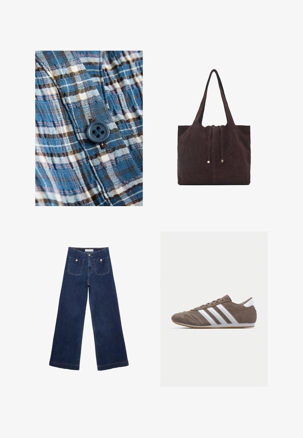 Blau und cremefarbener karierten Stoff mit einem Knopfdetail. Das Material ist leicht und strukturiert, mit dunklen braunen Akzenten im Muster.; Dunkelblaue weite Jeans aus Denim, mit zwei vorderen Taschen und dekorativen Knöpfen, sowie einem geraden Saum.; Braune Wildleder-Sportschuhe mit weißen Streifen, runder Zehenform, Schnürdesign und Gummisohle. Strukturiertes Obermaterial mit Nahtdetails.; Mango Shopping Bag - dark brown